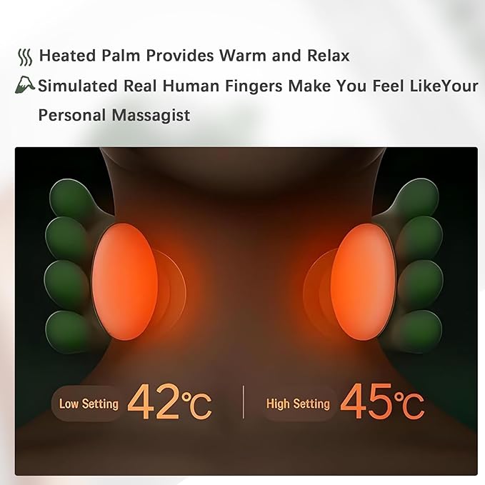 Bionic Heated Massager Wireless Portable Shiatsu Neck and Back Massager Electric Deep Tissue 4D Kneading Massage Simulated Human Hand Design for Pain Relief and Muscle Relax (Green)
