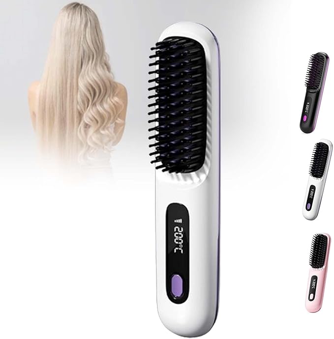 Bella Pro Hair Straightener Brush Portable Cordless Hair Straightener with Heated Hair Comb Ionic Straightener for All Hair Types(White)