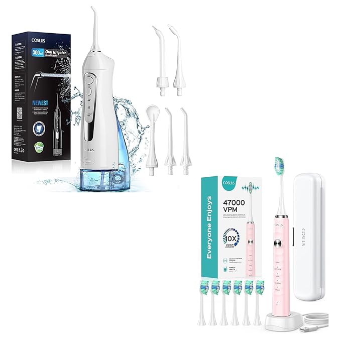 COSLUS Water Dental Flosser Teeth Pick: Portable Cordless Oral Irrigator 300ML Rechargeable and Electric Toothbrush for Adults Kids Wireless Rechargeable Tooth Brush