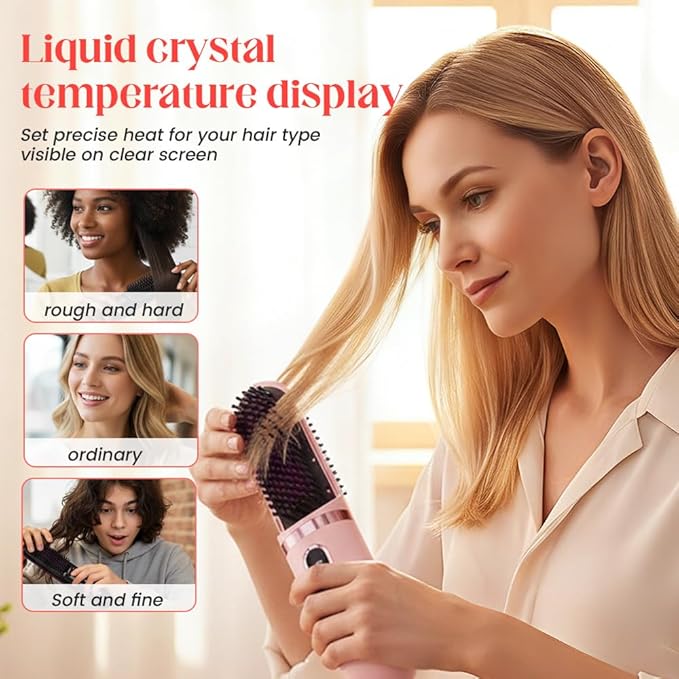 Cordless Hair Straightener Brush - Portable Hair Brush Straightener Cordless for Travel - 300 Million Negative Ions for Frizz-Free Shine Touch Up On-The-GoType-C RechargeableFast Heating (Pink)
