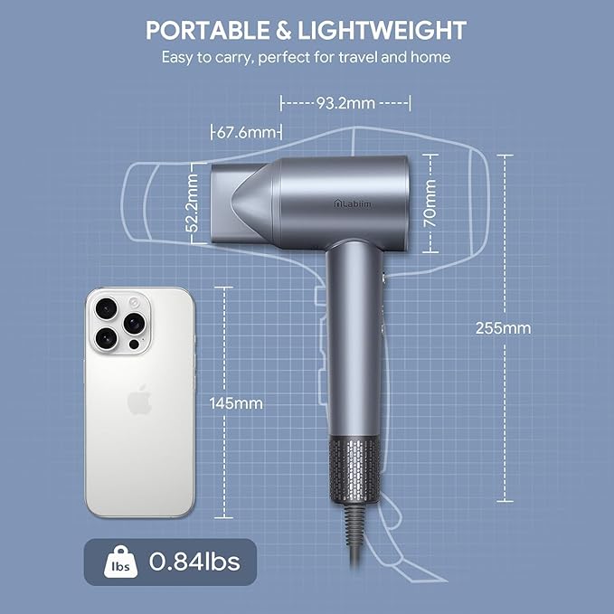 Hair Dryer High-Speed Ionic Low Noise Blow Dryer with Brushless Motor for Fast Drying Thermo-Control Quiet Compact Hair Blow Dryer Hairdryer with 1 Nozzle Attachments for Home Salon Travel