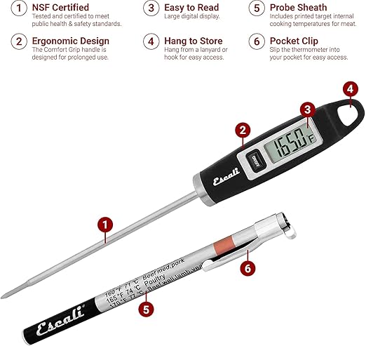 Escali Primo Bakers Bundle - P115C Digital Kitchen Scale Chrome 11 Pound Capacity DH1 Digital Thermometer Black and DR7 Digital Timer for Cooking and Baking