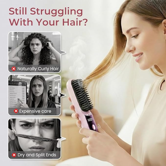 GO Brush 2026 Upgraded Cordless Hair Straightener Brush with LCD Temperature Display Portable Fast Heating USB Rechargeable 30+ Mins Runtime for Travel Fine to Coarse Hair (White)