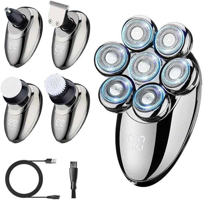 Head Shavers for Bald Men Electric Razor for Men 7D Floating Razor Rechargeable LED Display Head Shaver Face Body Ear Nose Trimmers Cordless Portable IPX7 Waterproof Wet Dry Shaving Grooming Kit