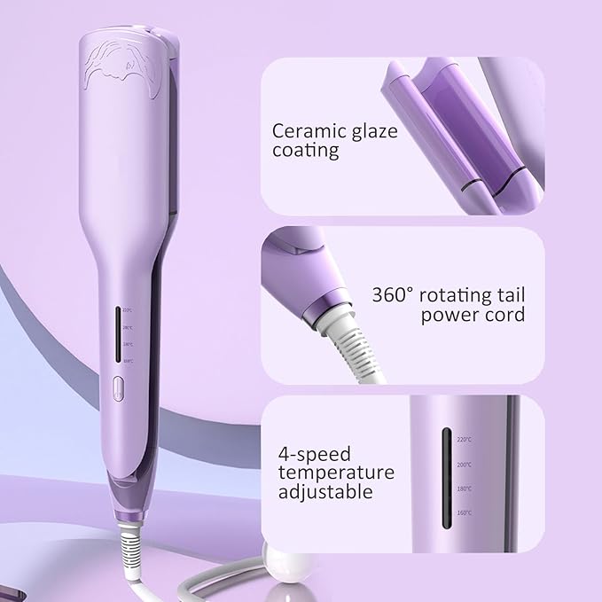 32mm (1.25) Wave Curling Iron 2 Barrel Ionic Deep Waver Hair Tool with 4 Temperature Settings Fast Heating Anti-Scald Hair Crimper for All Hair Types (Purple)
