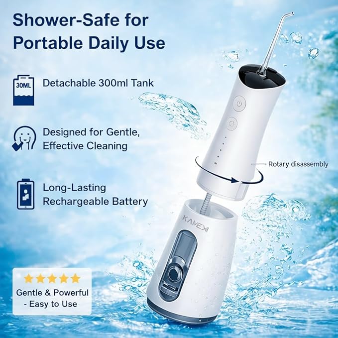 KAMEX Cordless Water Dental Flosser for Teeth Cleaning: Portable Oral Irrigator with 300ML Tank 4 Cleaning Modes Rechargeable IPX7 Waterproof Travel Water Flosser for Sensitive Gums Braces