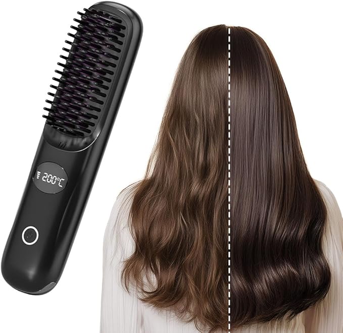 Portable Straightener Brush for Travel USB Rechargeabl Fast Heating Hair Straightener Comb with 3 Temperature &amp LED Display Women Travel Essentials (Black)