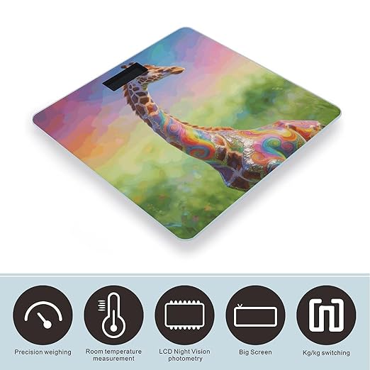 Colorful Artistic Giraffe Weight ScaleClear LED Display Bathroom Digital Weighing ScaleTempered Glass Digital Bathroom Scale for Body Weight Capacity Up to 400 Lbs