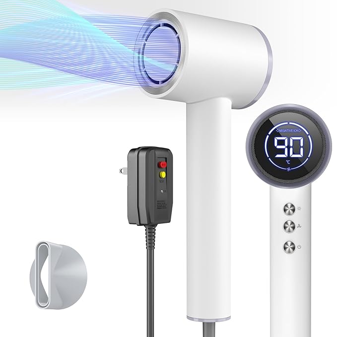Professional Hair Dryer Blow Dryer 1600W Ionic Hair Dryer with LED Display&ampMagnetic Nozzle Portable Hair Dryer with 4 Temps 3 Air-speeds Low Noise Hair Blow Dryer for Travel Home-Shell White