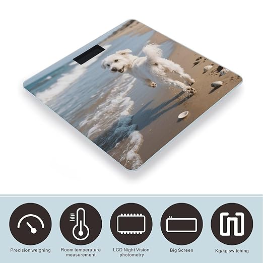 Dog Running on The Beach Weight Scale Cute Bathroom Scale for Body Highly Accurate Digital Weighing Machine for People Compact LCD Display Scales with Sturdy Toughened Glass Scales