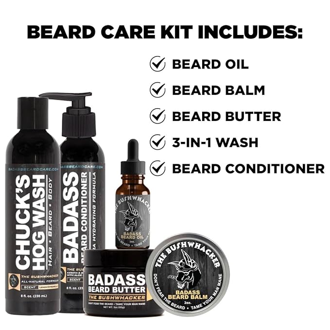 Badass Beard Care Complete Beard Care Kit - 5 Full Size Essentials - Includes Beard Oil Beard Balm Beard Butter Wash and Conditioner - Promotes Fuller &amp Thicker Beard Growth (The Bushwhacker)