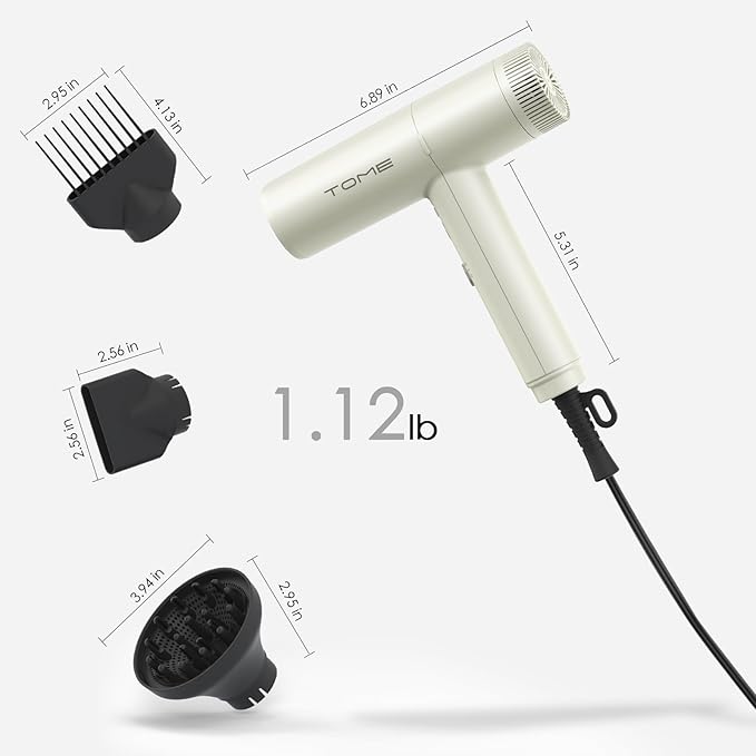 TOME Hair Dryer 1875W High-Speed EC Motor 110000 RPM Ionic Blow Dryer Fast Drying Cool Shot Lock 3 Heat 2 Speed 3 Attachments (Styling Nozzle Comb Nozzle Diffuser) 125V White