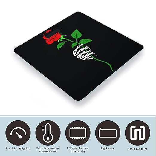 Energy Saving Scale Bathroom Weighing Scale Smart Scale for Body Weight Digital Black Goth Skull Skeleton Hand Holding Red Rose