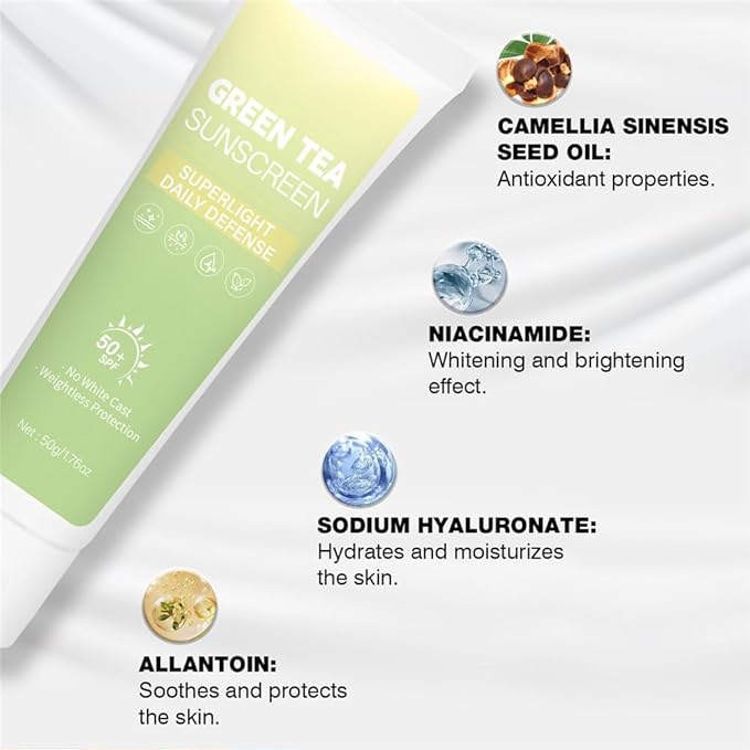 2PCS Green Tea Sunscreen for Face SPF 50 Facial Sunscreen Non-Greasy &amp No White cast Lightweight Hydrating