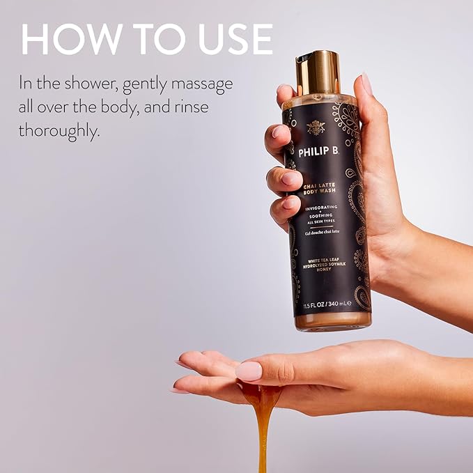 PHILIP B Chai Latte Body Wash 11.5 Fl Oz (340mL) - Invigorating + Soothing Formulated with White Tea Leaf Hydrolyzed Soymilk &amp Honey for All Skin Types