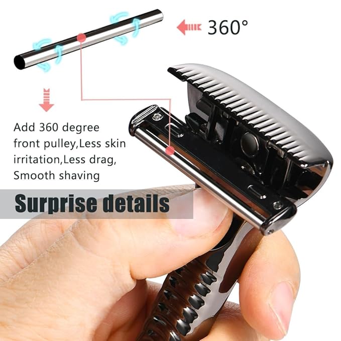 Magnetic Safety Razor for Men Single Blade Face Shaver with 2 Interchangeable Heads Smooth Roller Design Durable Metal Safety Razor Kit with 20 Blades - Black