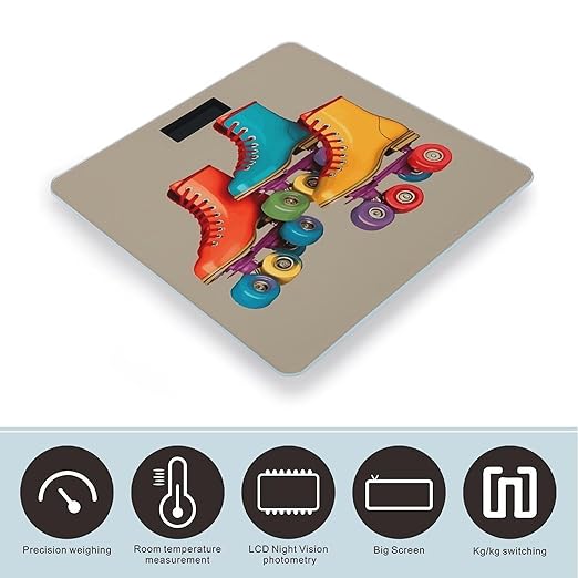 Retro Colorful Roller Skates Scale for Body Weight High Precision Digital Weight Scales with LCD Display Anti-Slip Sturdy Slim Tempered Glass Bathroom Scale for Home Use