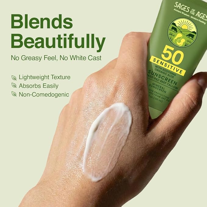 Organic Tallow Mineral Sunscreen SPF 50 with Non-Nano Zinc Oxide — Reef Safe UVA/UVB Broad Spectrum Sunblock Water Resistant 80 Min Moisturizing Lotion for Face &amp Body 3.4 fl oz