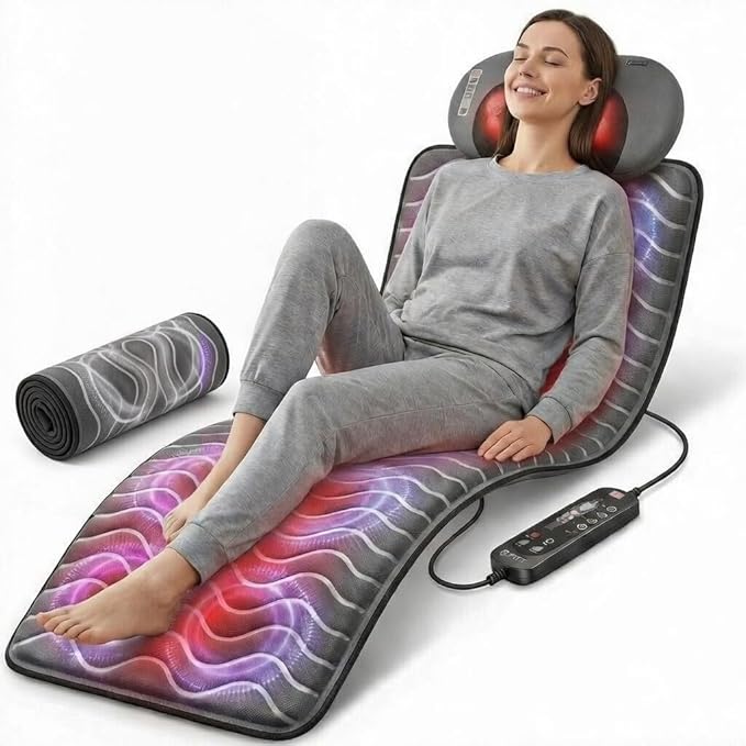 Powermat by Powerfit – Full Body Massage Mat with Detachable Massage Pillow 9 Intensity Levels 9 Massage Modes &amp 3 Heat Therapy Settings | Alleviates Muscle Pain Improves Circulation Stress Re