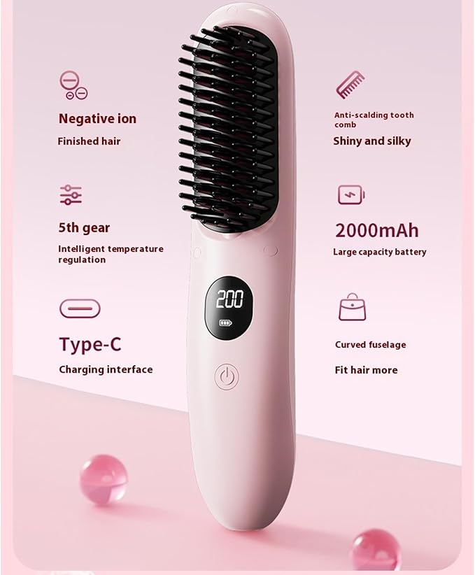 Cordless Hair Straightener Brush Portable Hair Straightening Brush with 5 Temperature Settings LED Display (01)