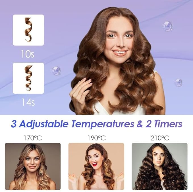 Automatic Curling Iron Professional Anti-Tangle Automatic Hair Curler with 3-Speed Temperature &amp 2 Timer Reminder Fast Heating Double Anti-Scald Ceramic Curling Wand for Curly Hair Styling (Pur