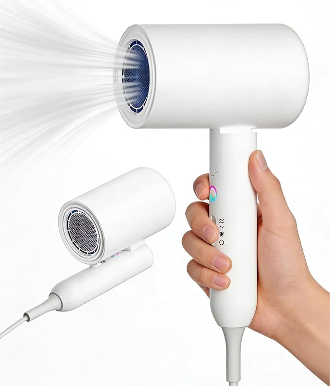 Ionic Hair Dryer 2000W Foldable Travel Hairdryer Portable Compact Blow Dryer White Big Wind and Low Noise Mini Hair Dryers for Home and Travel