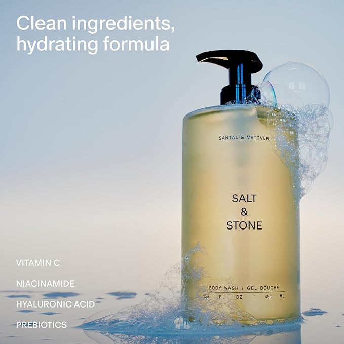 Salt &amp Stone Body Wash with Antioxidants for Deep Moisture | For Women &amp Men Sulfate Paraben &amp Dye Free Leaving Skin Soft and Hydrated | Santal &amp Vetiver Refill 32 fl oz