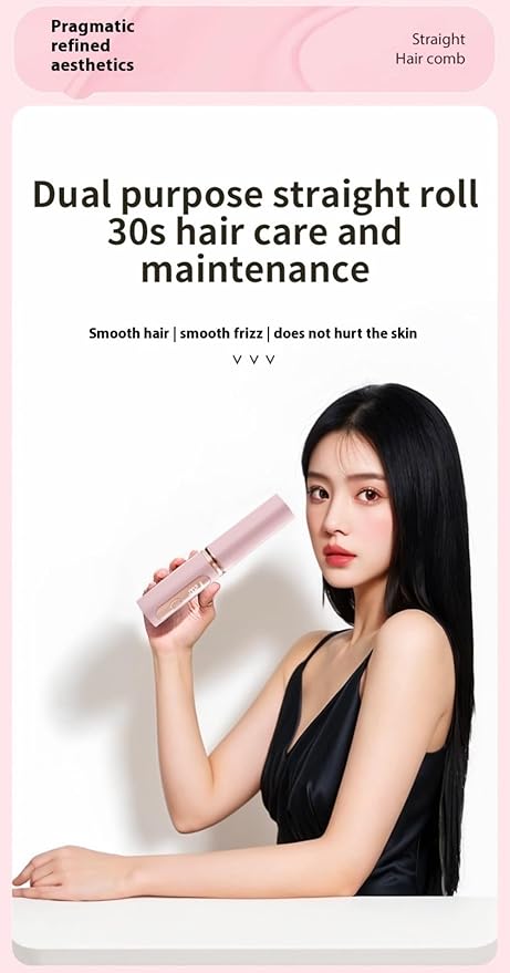 Cordless Hair Straightener Portable Mini Cordless Straightening Brush USB Rechargeable with LCD Temperature Display Adjustable Heat Settings Ideal for Travel Frizz-Free Smooth Hair (Pink)