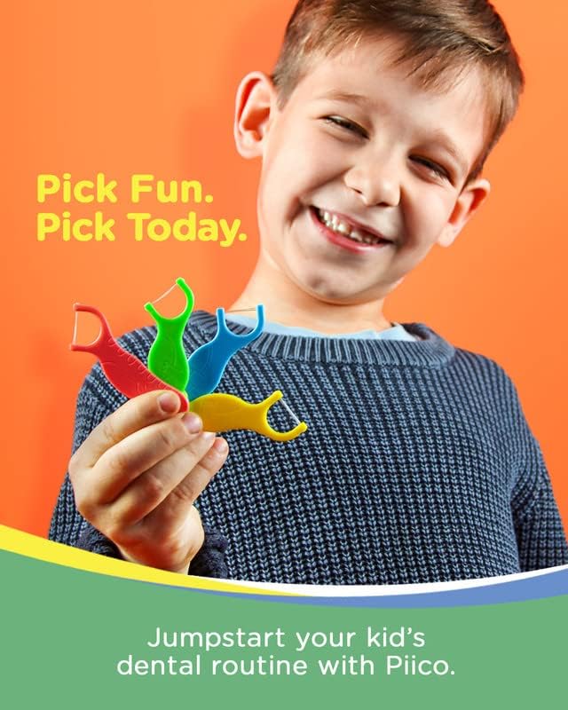 Piico Unflavored Kids Floss - No Fluoride Dual Line Dental Floss Picks - Fun Oral Care in Colorful Floss Sticks Design - Flossers Prevent Tooth Decay &amp Gum Disease - 300 Playground Dino &amp Trav