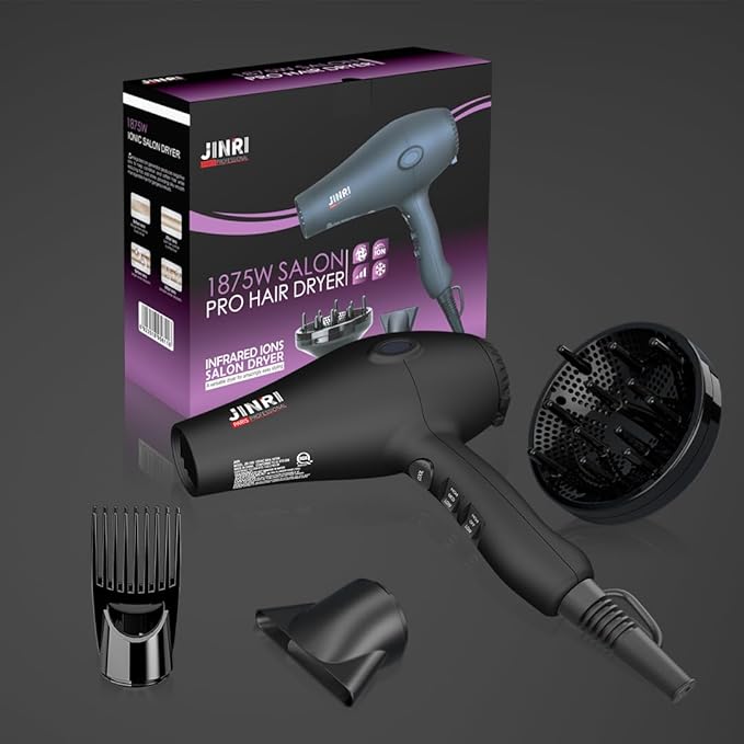 Hair Dryer - JINRI 1875W Diffuser Blow Dryer for Salon &amp Personal Use – Powerful Fast Drying with Diffuser Comb &amp Nozzle for Women &amp Men ALCI Safety Plug Black