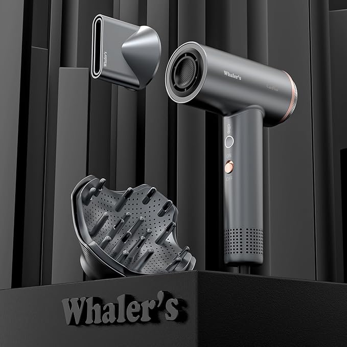 WHALER'S Professional Hair Dryer Ionic 1400W Fast Drying 4 Speed/Heat Settings &amp Cool Shot Dual Voltage for Travel Includes Diffuser+Concentrator+Replacement Brush (1.4kW 120V-240V) (Black)