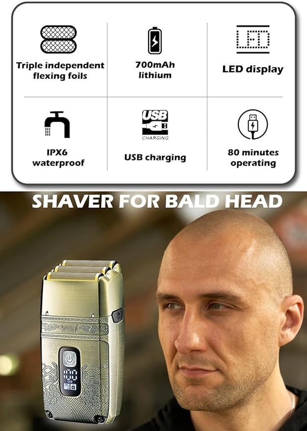 Head Shavers for Bald Men Electric Shaver Professional Shaver Metal Beard Trimmer Titanium Blade Triple Foil Shaver for Bald Head LED Display