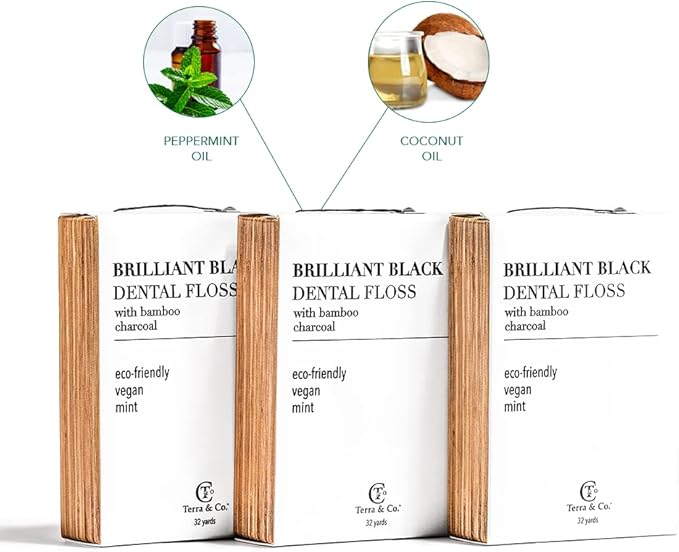 Terra &amp Co. Brilliant Black Dental Floss (3 Pack) | Organic Teeth Whitening Products | All Natural with Activated Bamboo Charcoal | Vegan &amp Cruelty Free | Luxury Dental Care