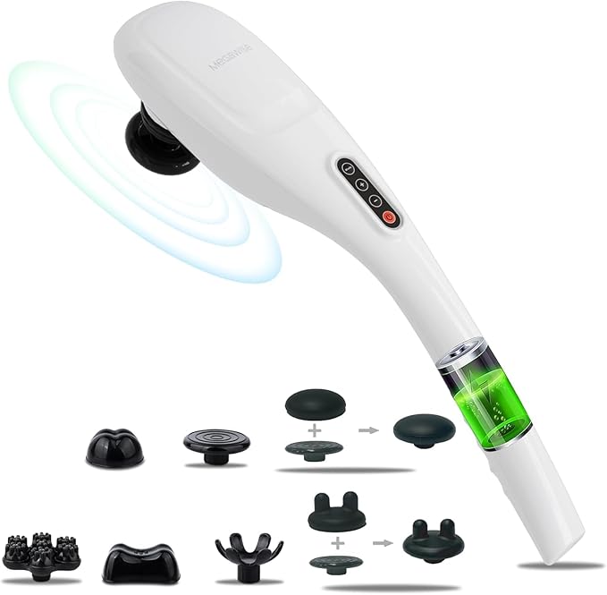 MEGAWISE Cordless Handheld Back Massager w/Rechargeable 3200mAh Battery 5 Speed and 5 +2 Massage Nodes with Hard Medium and 2 Soft Silicone Nodes Massage While Moving Around (Pearl White)