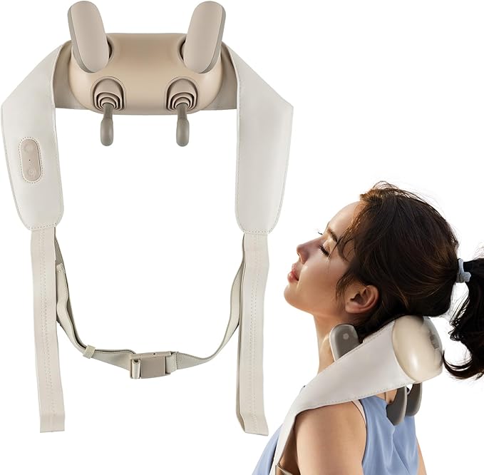 COSTWAY Neck Shoulder Massager 4D Deep Tissue Kneading Shiatsu Machine with 2 Heat Levels for Pain Relief Portable Cordless Neck Back Leg Massage Pillow Gift for Family Women Men Beige