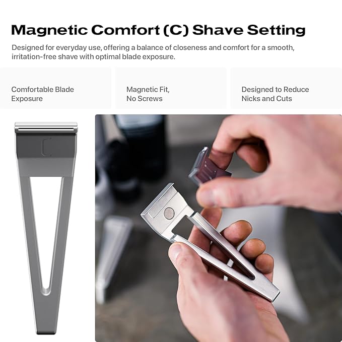 HYPE X1 Single Edge Aluminum Safety Razor Full Set - Ergonomic V-Shaped Design with 3 Customizeble Shave Settings 20 Non-Proprietary Blades Shaving Brush &amp Stand - Silver