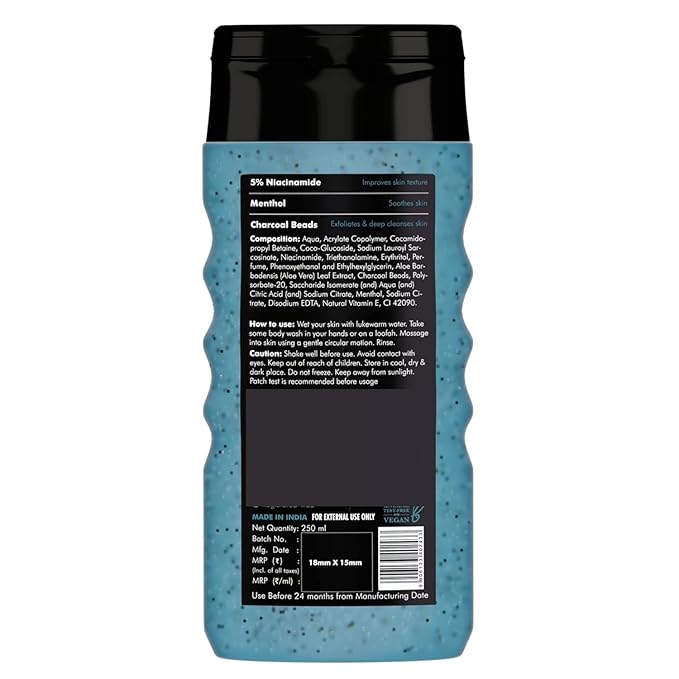 HK Charcoal &amp Menthol Body Wash | With Menthol 5% Niacinamide &amp Activated Charcoal Beads | For Instant Cooling Odor Protection &amp Improves Skin texture | 250ml