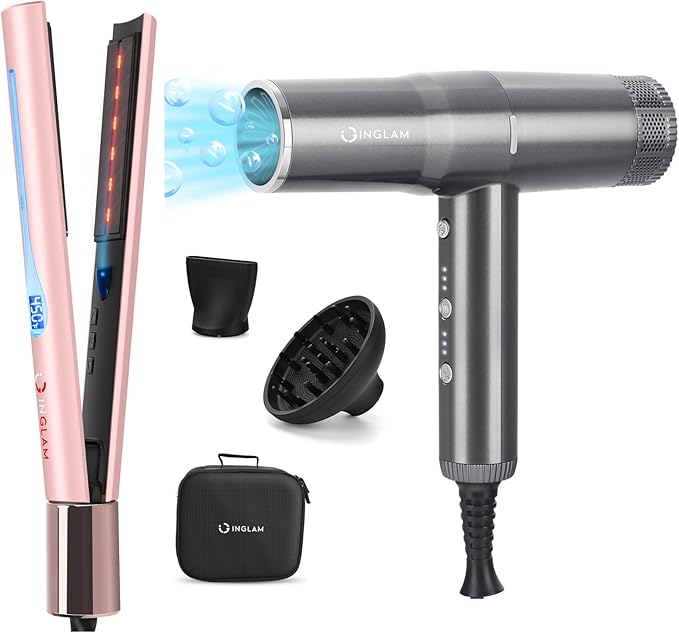 IG INGLAM Titanium Flat Iron Hair Straightener Blow Dryer with Diffuser