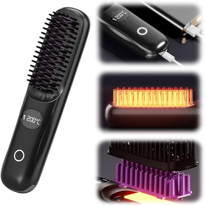 GoBrush for Short HairPortable Straightener Brushes for Travel2026 Go Brush Cordless Ceramic Hair Straightener with LCD Temperature DisplayFast Styling Brush (Black)