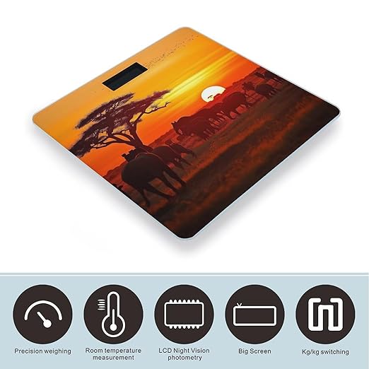 African Animal Sunset Scale for Body Weight High Precision Digital Weight Scales with LCD Display Anti-Slip Sturdy Slim Tempered Glass Bathroom Scale for Home Use