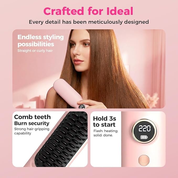 2026 Go Brush Pro Cordless Hair Straightener Brush Mini Portable Travel Styling Comb with 9 Temps Fast Heating &amp USB Rechargeable Ideal for Short Hair &amp All Hair Types