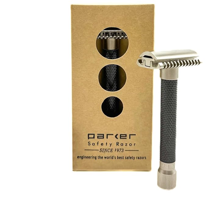 The Parker Variant OPEN COMB ADJUSTABLE Double Edge Safety Razor and 105 Blade Bundle (GRAPHITE)