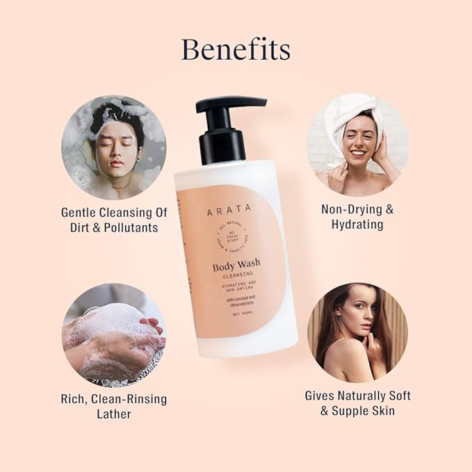 Arata Hydrating &amp Non-Drying Body Wash With Ayurvedic Coconut &amp Citrus | All Natural Vegan &amp Cruelty-Free | Gentle Cleansing For Women &amp Men | No SLS No Parabens - 10 Fl Oz