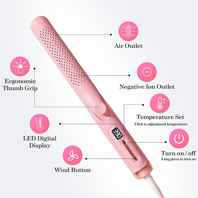 Hahahope Airflow 2 in 1 Straightener and Curler- 360° Airflow Styler Curling Iron 1.25 Flat Iron Hair Straightener and Curler 2 in 1 for Short Long Hair 5 TempsDual VoltageLight Pink