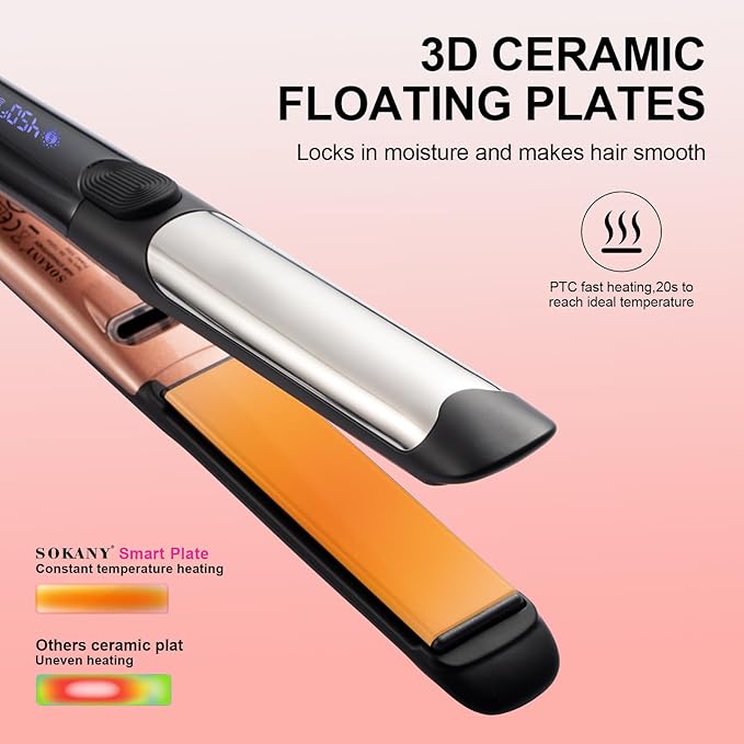 SOKANY Flat Iron Hair Straightener Titanium Curler 2 in 1 Dual Voltage Smart 3D Ceramic Floating Plates Ionic Straightener 8 Temps Settings Fast Heating &amp Heat Protection