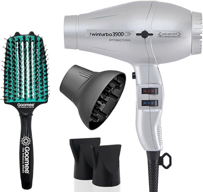 Turbo Power Twin Turbo 3900 Advanced Ionic &amp Ceramic Silver Hair Dryer with Miracle Detangling Brush – Eco-Friendly Blow Dryer and Dual Bristle Brush for Smooth Frizz-Free Shiny Hair