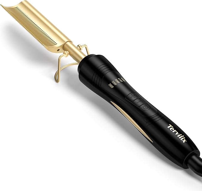 Terviiix Hot Comb for Lace Front Wigs Curved Teeth Pressing Combs for Black Women Hair Anti-Scald Straightening Comb Electric Heat Comb Temperature Adjustable 60 Min Auto Shut Off