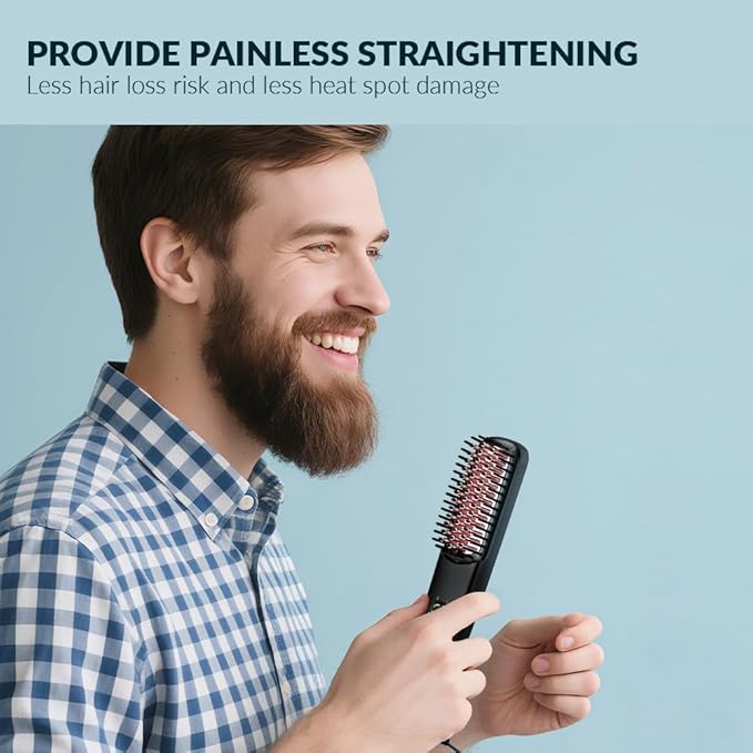 Beard Straightener for Men - Heated Beard Brush with Ionic &amp Anti-Scald Technology 5 Temp Settings Beard Comb for Curly &amp Coarse Hair - Travel Friendly Grooming Tool &amp Gift for Him