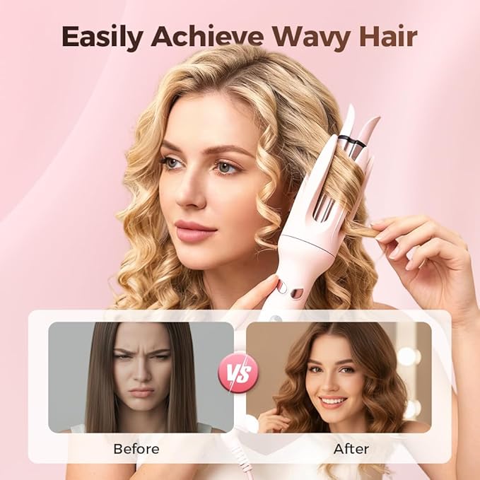 Automatic Hair Curler Auto Rotating Curling Iron with 3 Temp Settings Anti-Scald &amp Anti-Tangle Ceramic Barrel Fast Heating Portable Hair Waver for Travel (Purple)