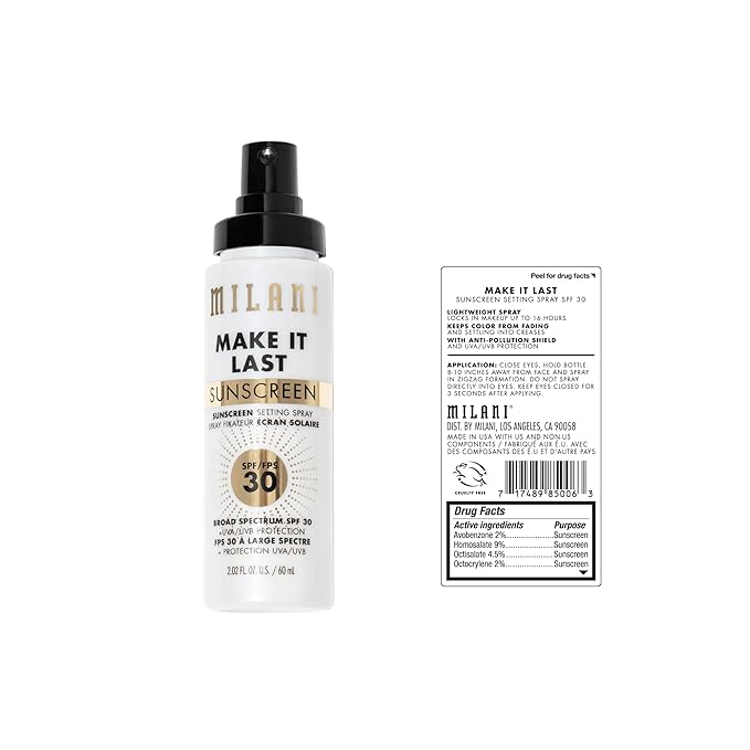 Milani Sunscreen Setting Spray + Primer Make It Last Sunscreen for Face- SPF 30 UVA &amp UVB Protection Antioxidant Rich Formula for Broad Spectrum Protection Prime + Set + Protect 2.02Fl. Oz - 2